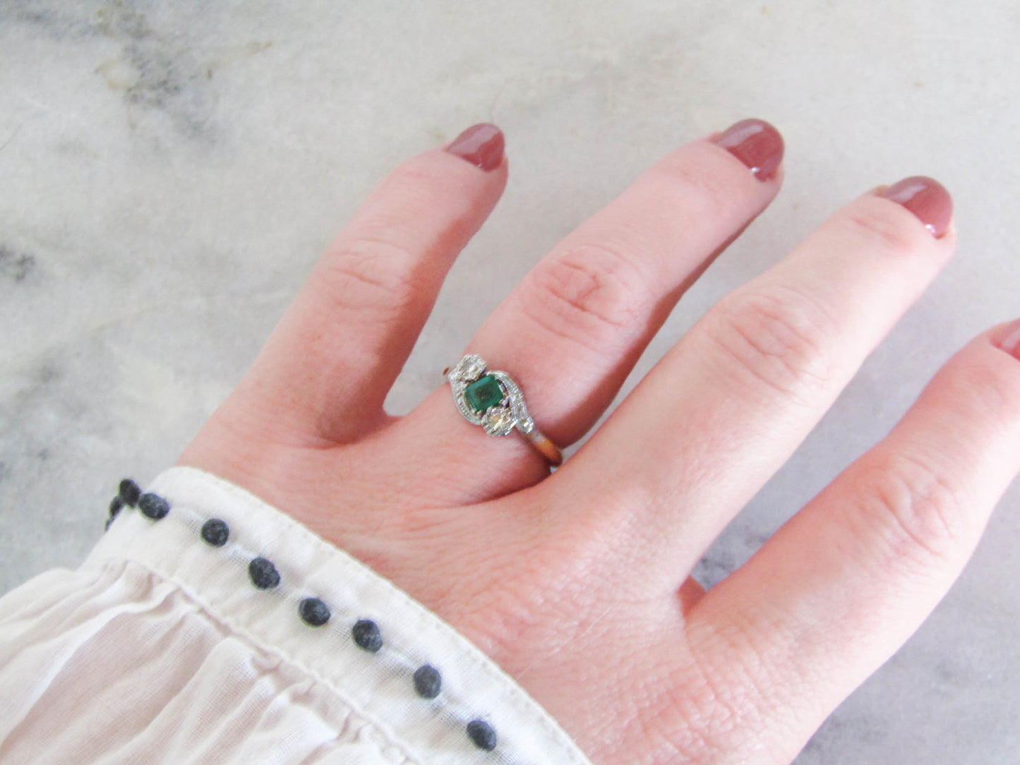 Antique 18K Gold Emerald Diamond "Toi et Moi" Ring, Belle Epoque Platinum Setting