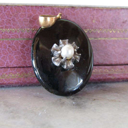 Antique French 18K Gold and Silver Onyx Mourning Locket c. 1880