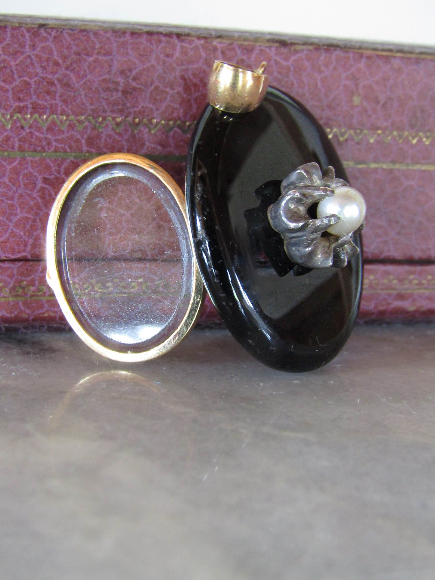 Antique French 18K Gold and Silver Onyx Mourning Locket c. 1880