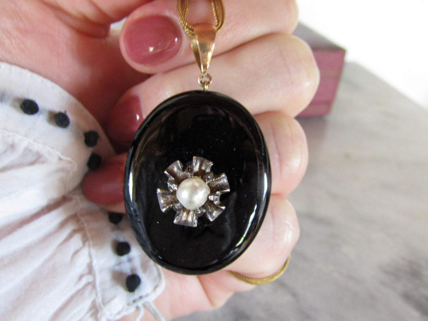 Antique French 18K Gold and Silver Onyx Mourning Locket c. 1880