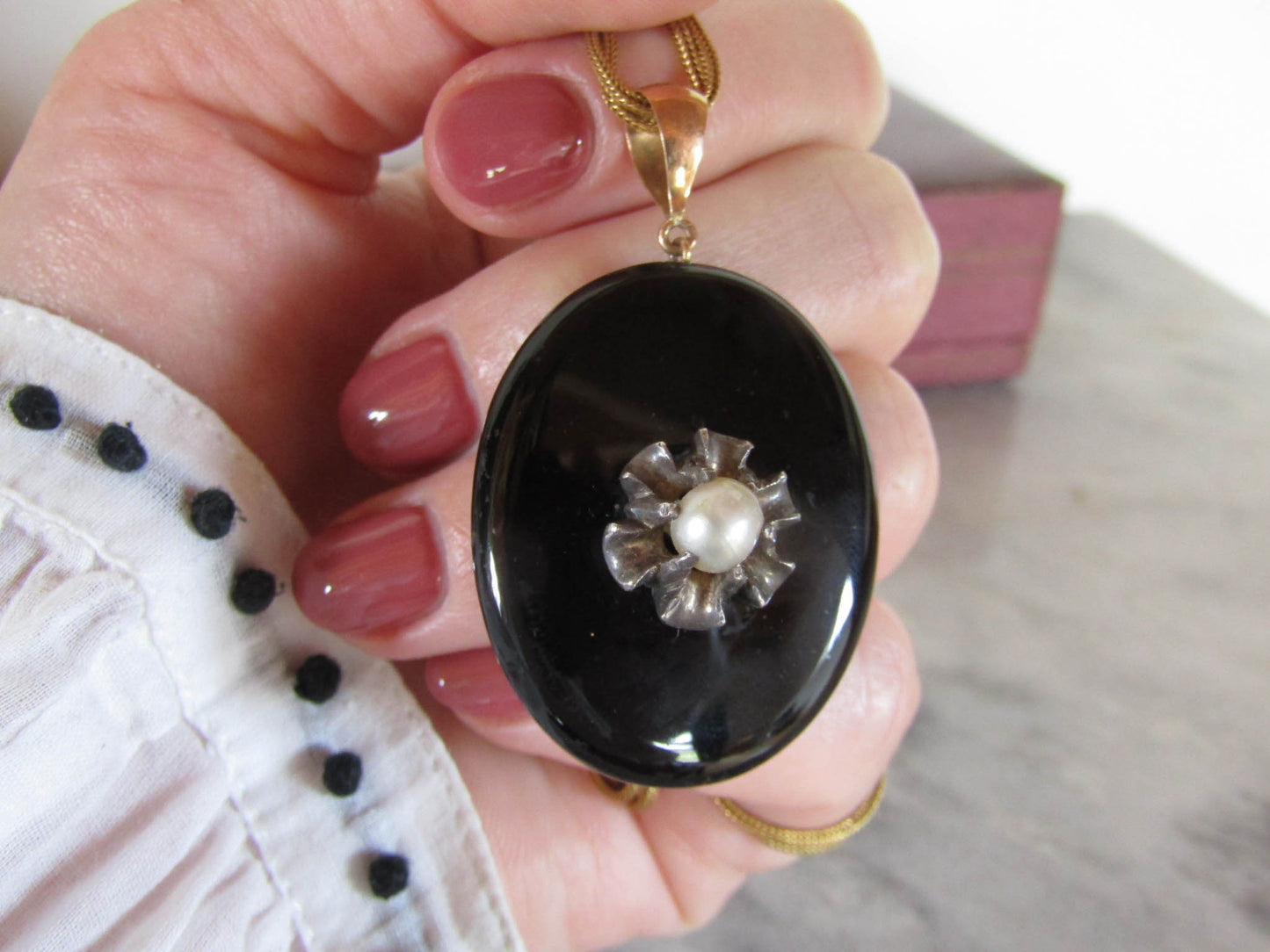 Antique French 18K Gold and Silver Onyx Mourning Locket c. 1880