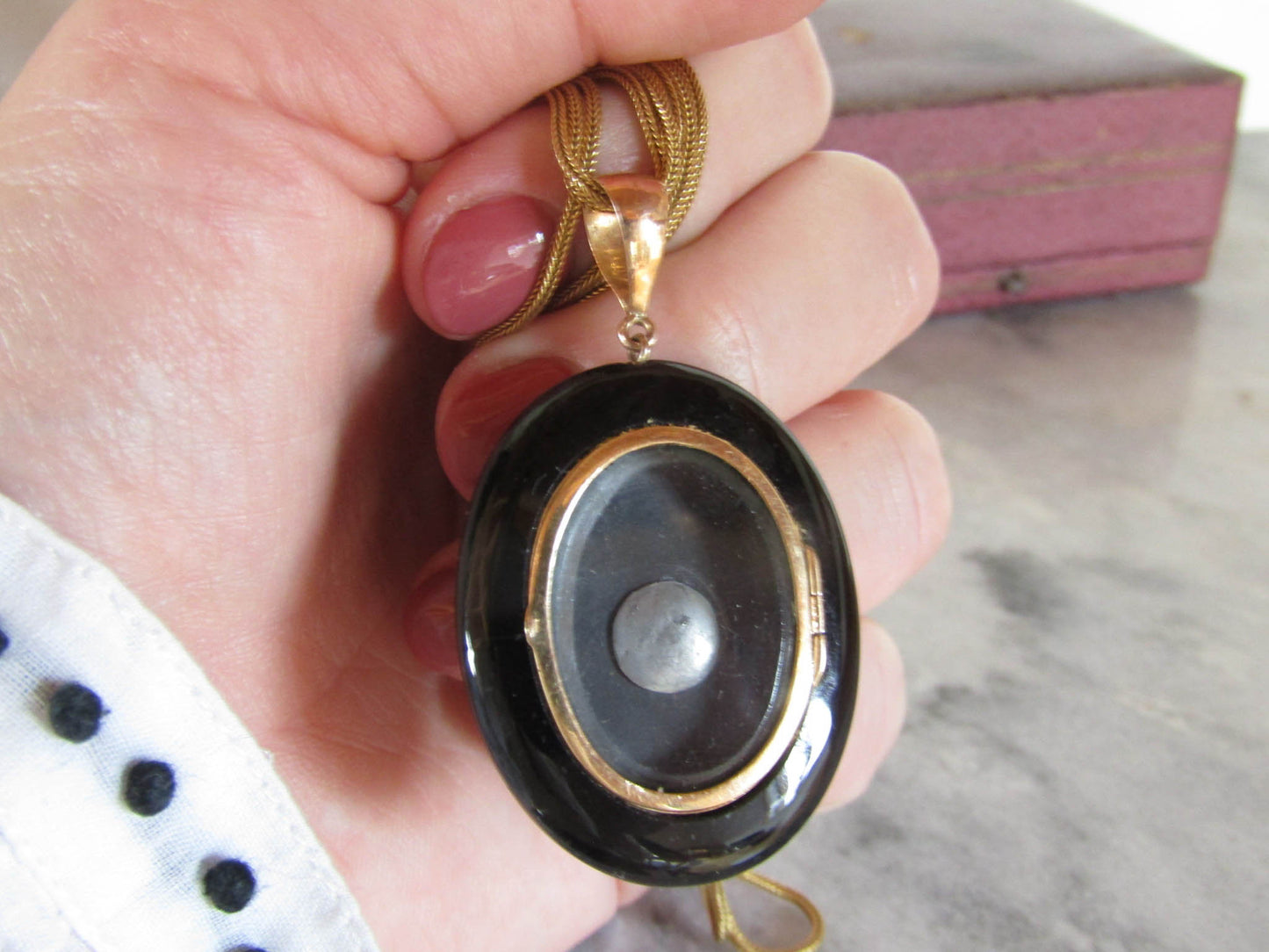 Antique French 18K Gold and Silver Onyx Mourning Locket c. 1880