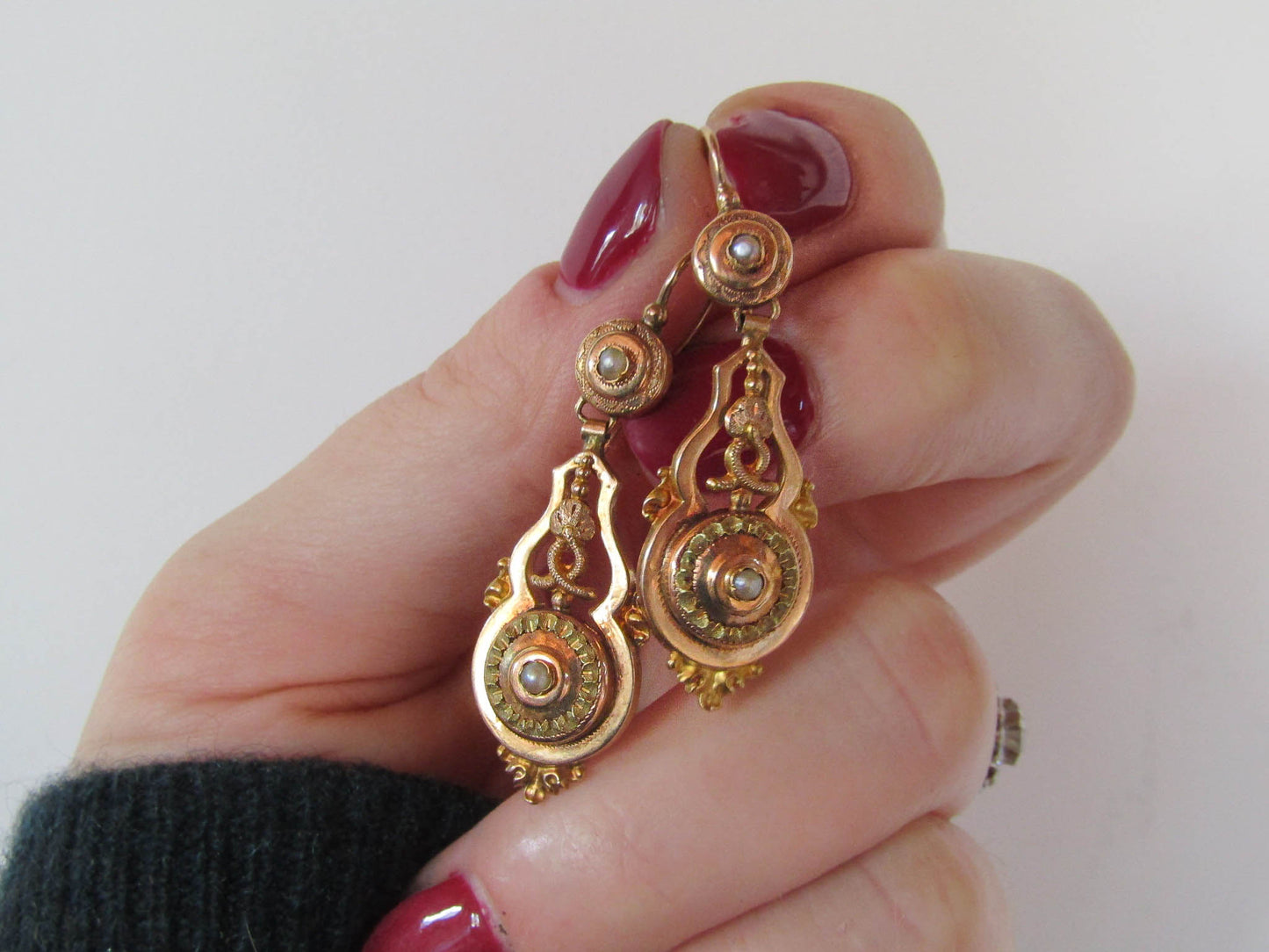 Antique Solid 18K Solid Gold Napoleon III Drop Earrings