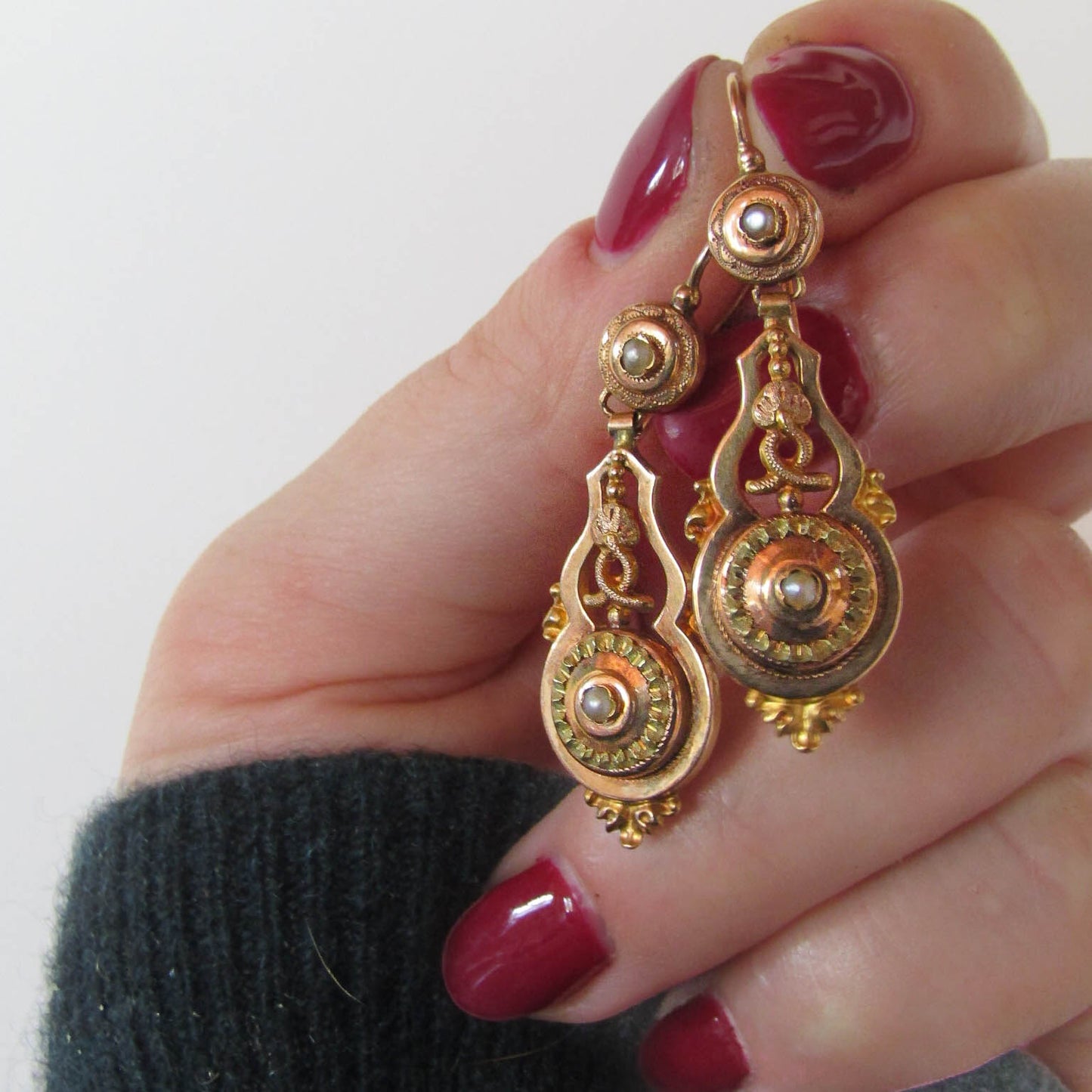 Antique Solid 18K Solid Gold Napoleon III Drop Earrings