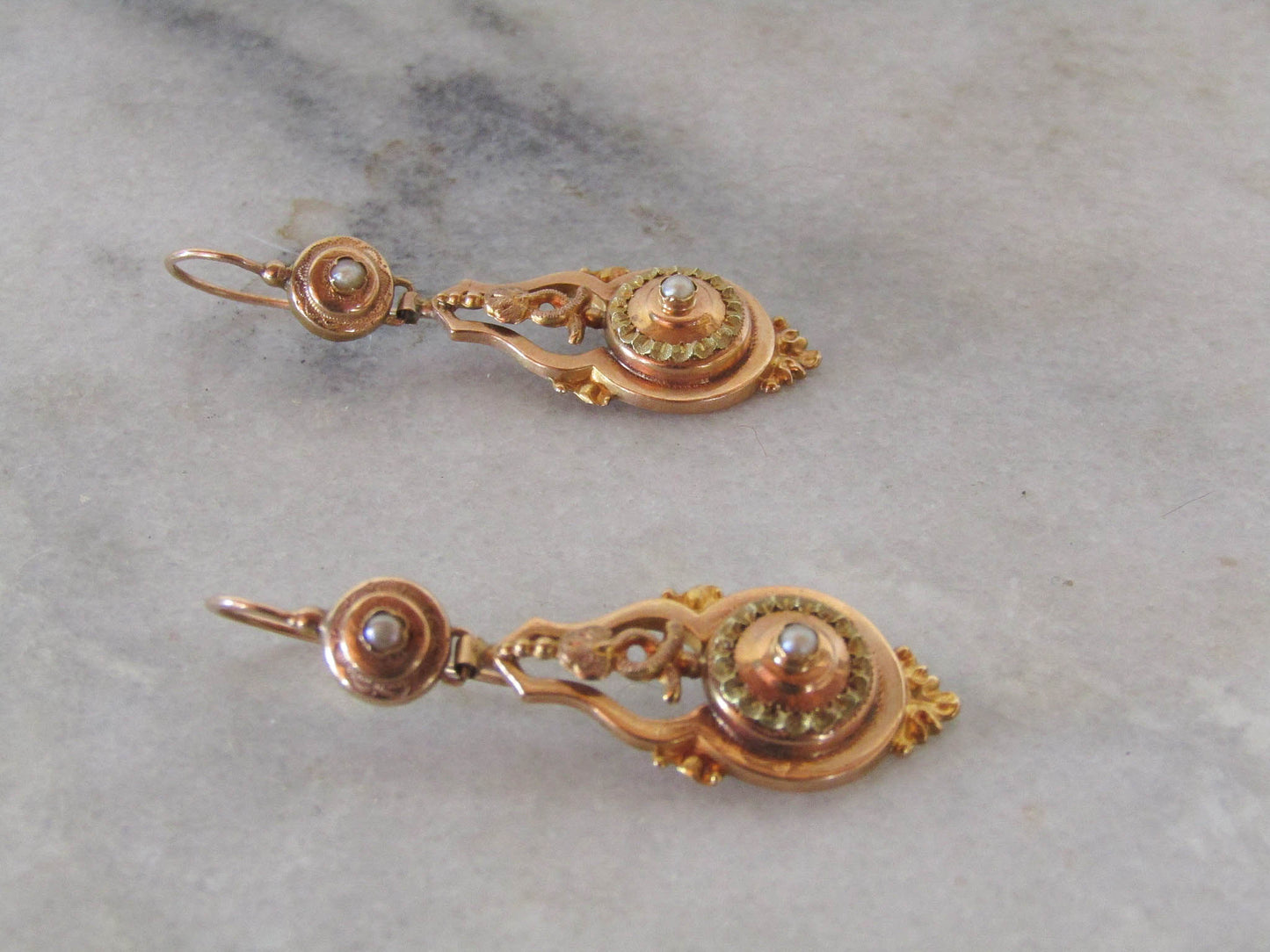 Antique Solid 18K Solid Gold Napoleon III Drop Earrings