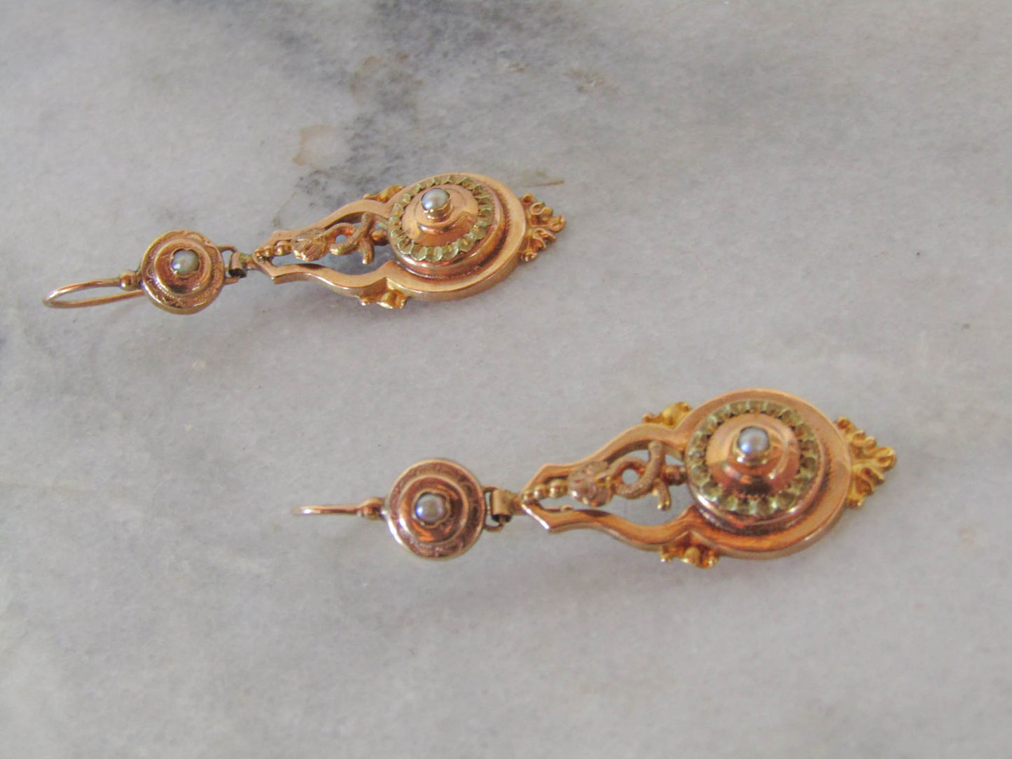 Antique Solid 18K Solid Gold Napoleon III Drop Earrings