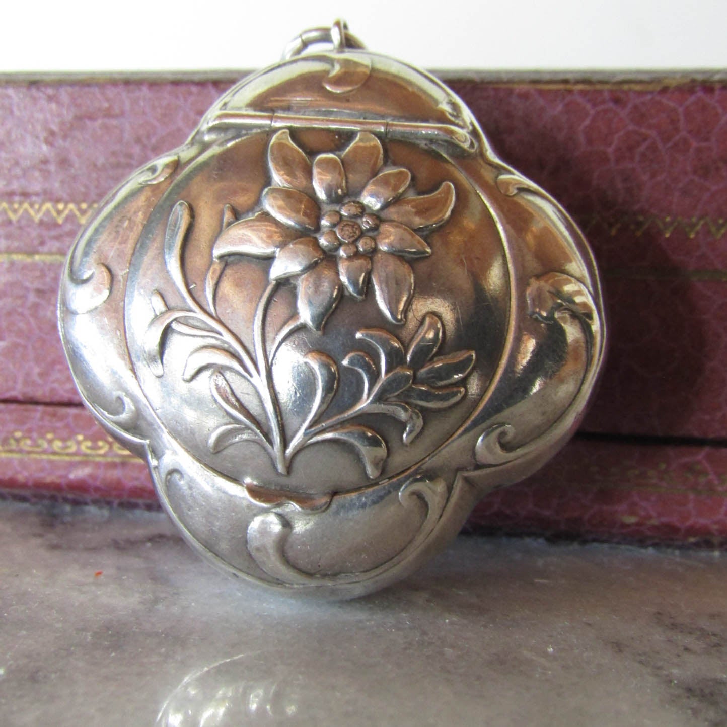 Antique Silver Art Nouveau Edelweiss French Power Box Pendant