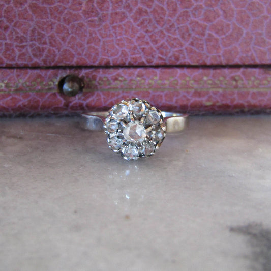 Antique 18K Solid Gold Rose Cut Diamond Daisy Ring c. 1900