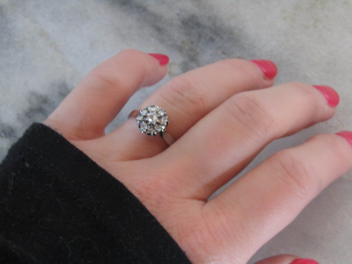 Antique 18K Solid Gold Rose Cut Diamond Daisy Ring c. 1900