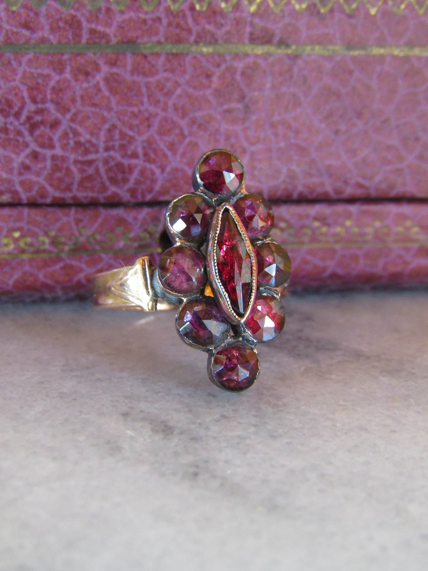 Antique French Perpignan Garnet Navette ring