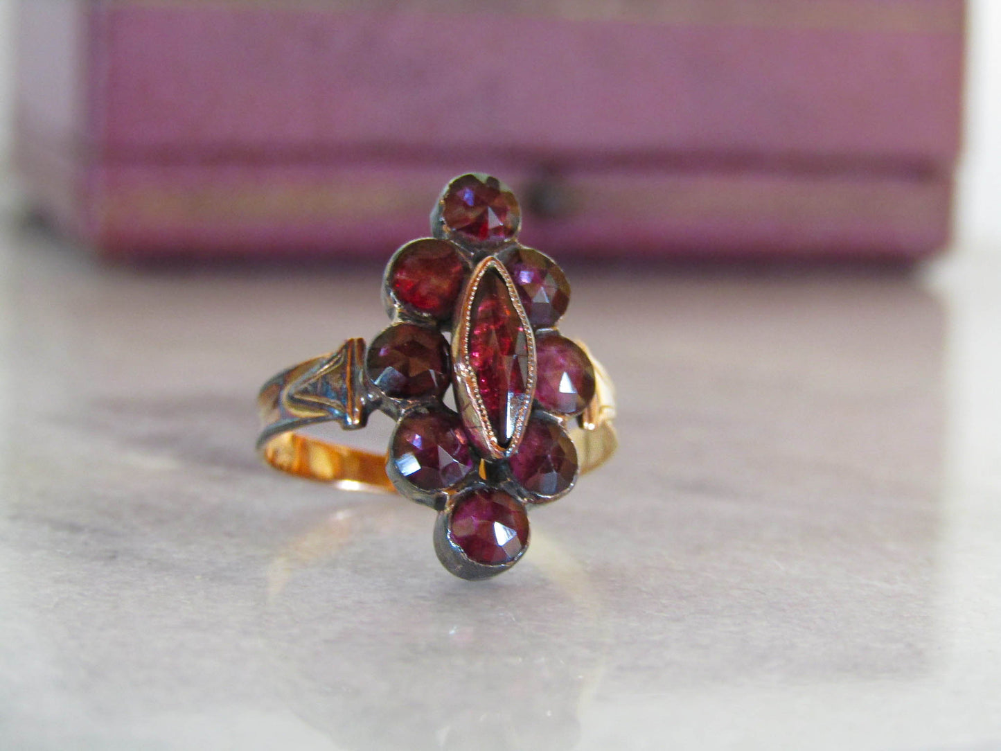 Antique French Perpignan Garnet Navette ring