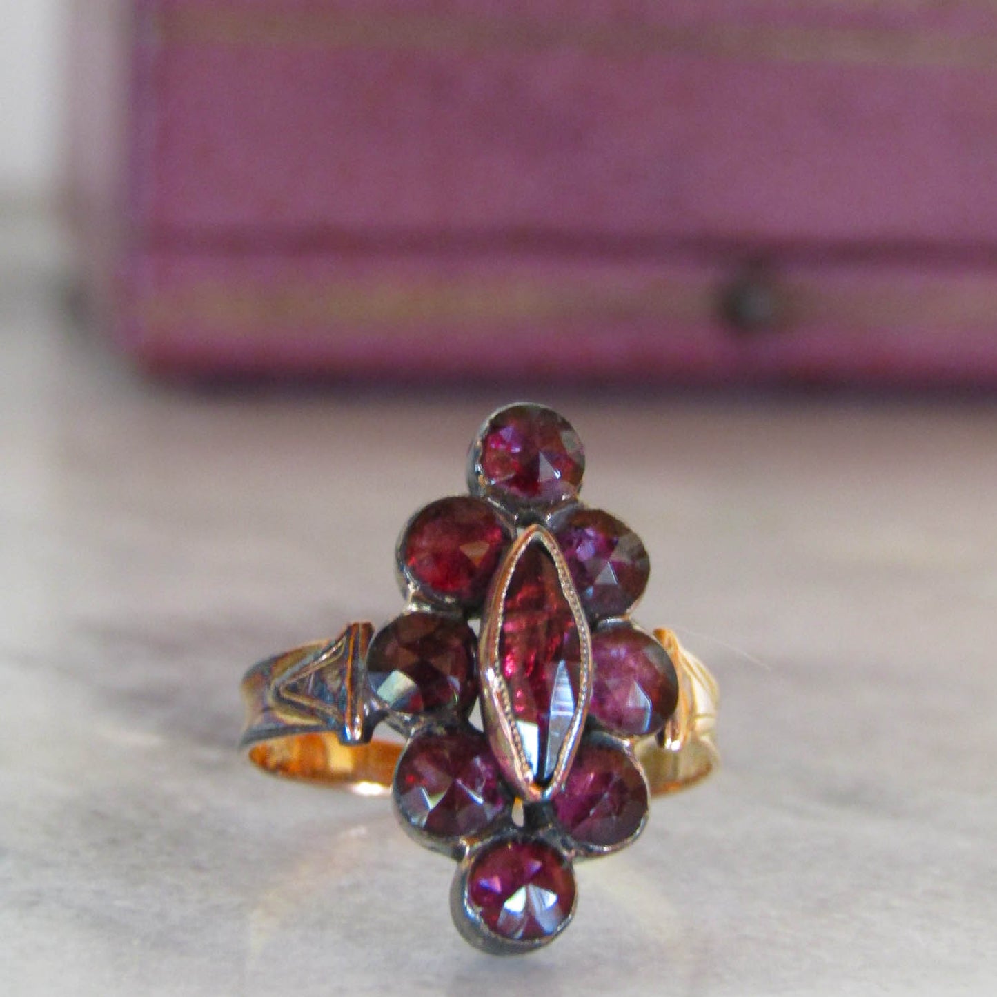 Antique French Perpignan Garnet Navette ring