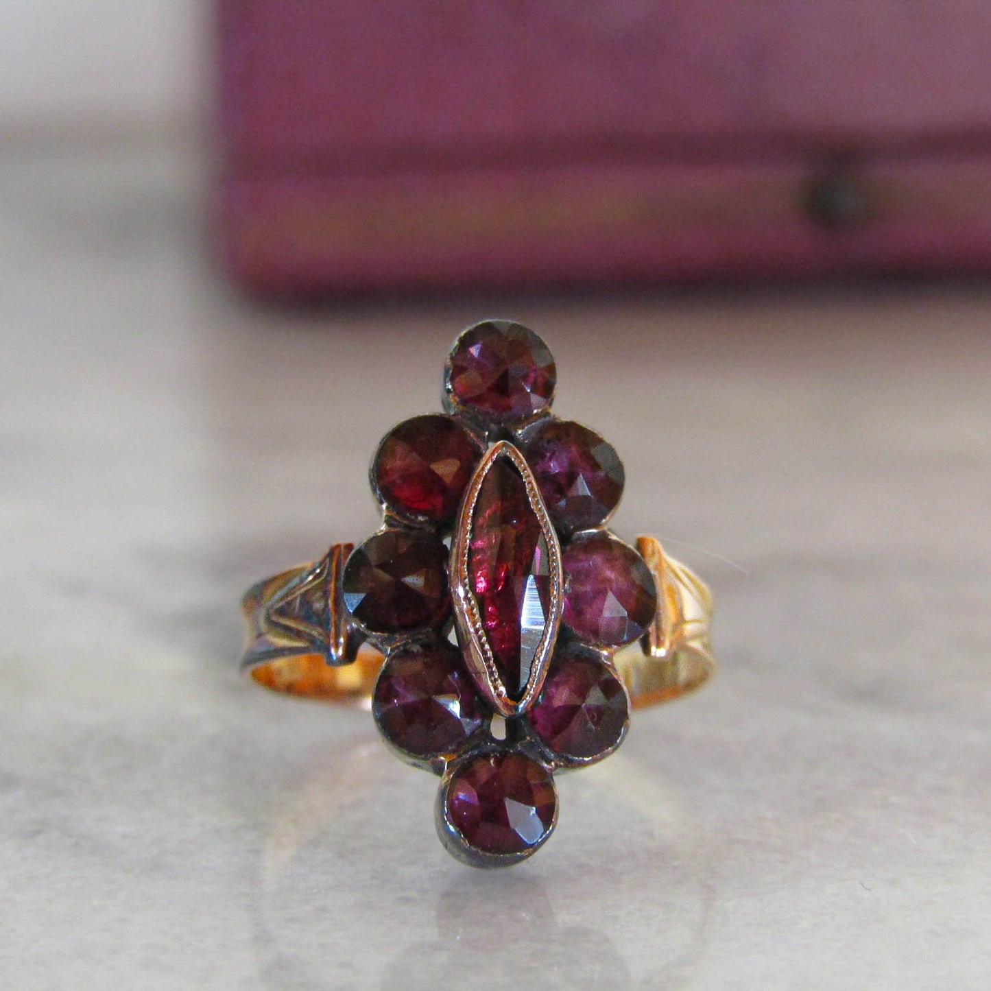 Antique French Perpignan Garnet Navette ring