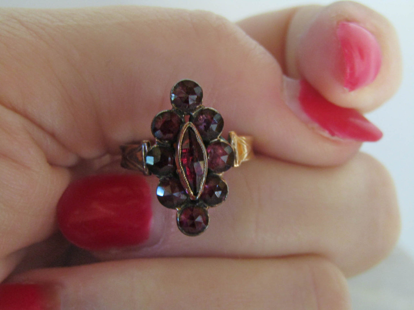 Antique French Perpignan Garnet Navette ring