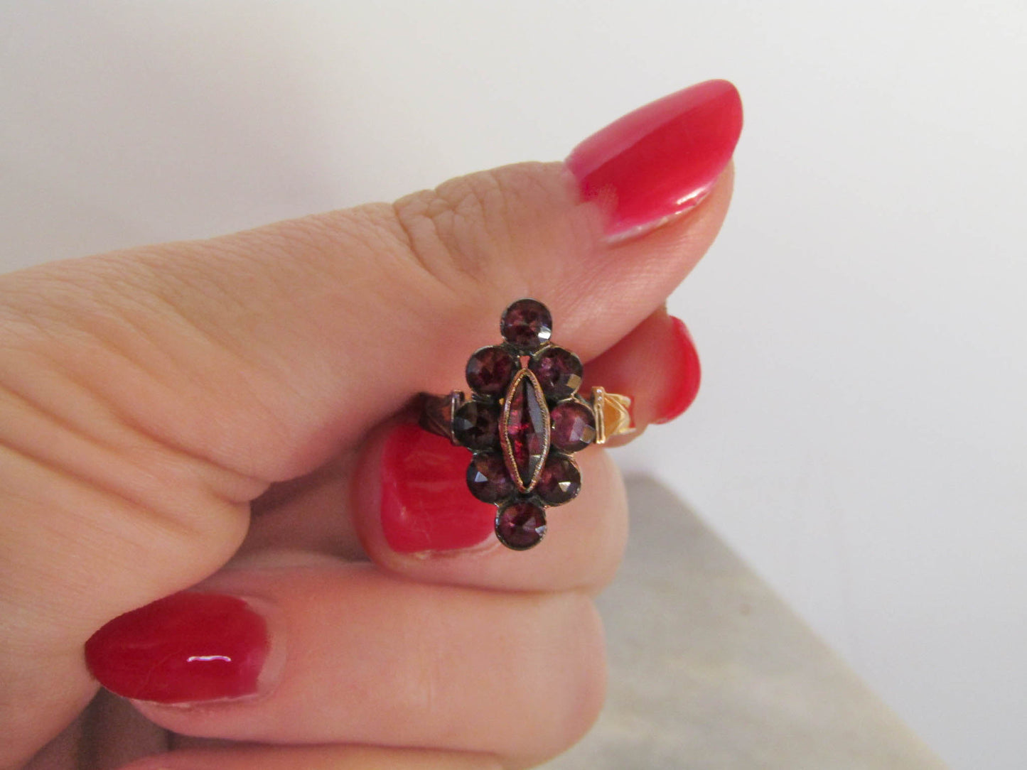 Antique French Perpignan Garnet Navette ring