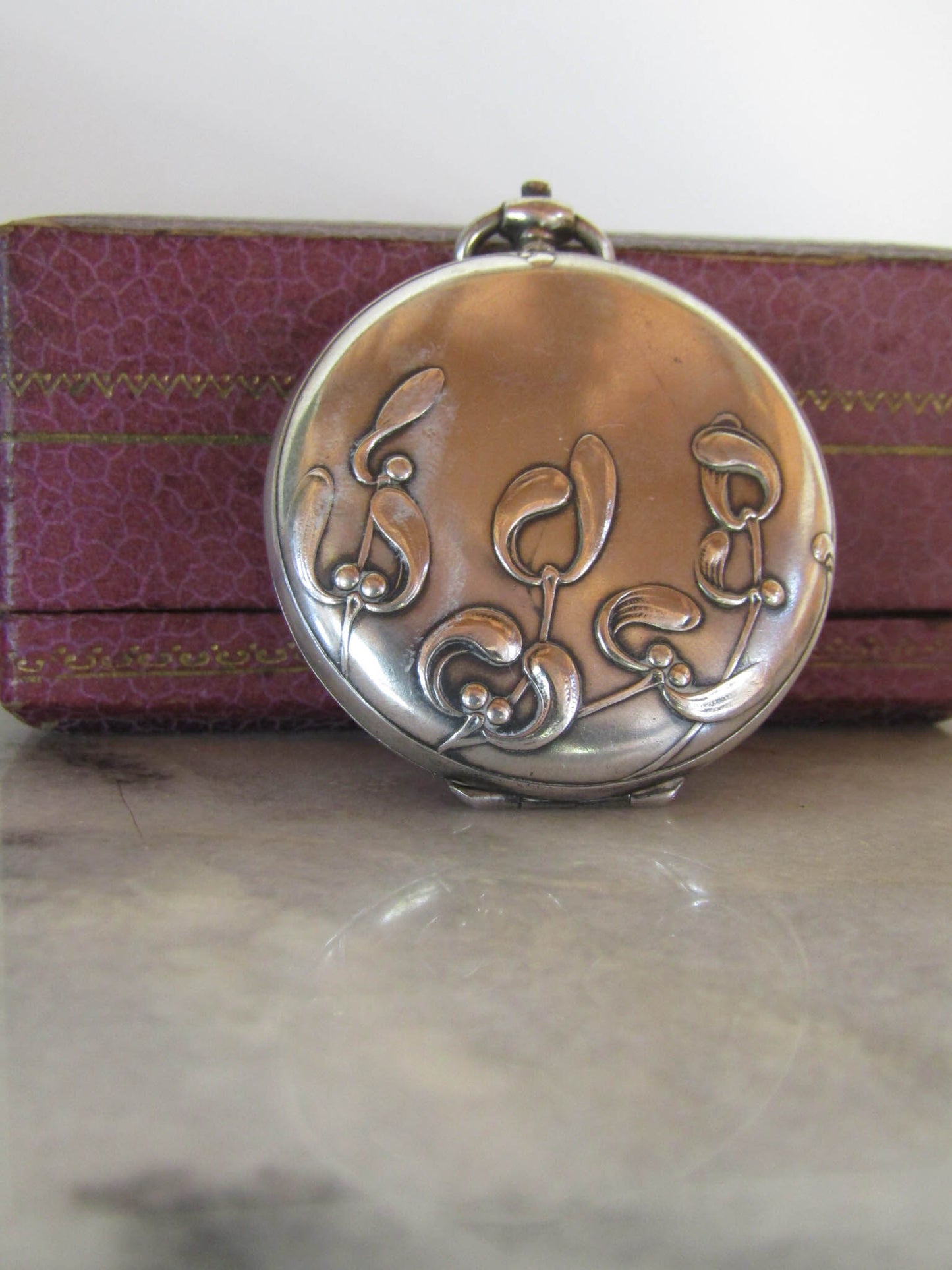 Antique Silver French Art Nouveau Mistletoe Locket c. 1900