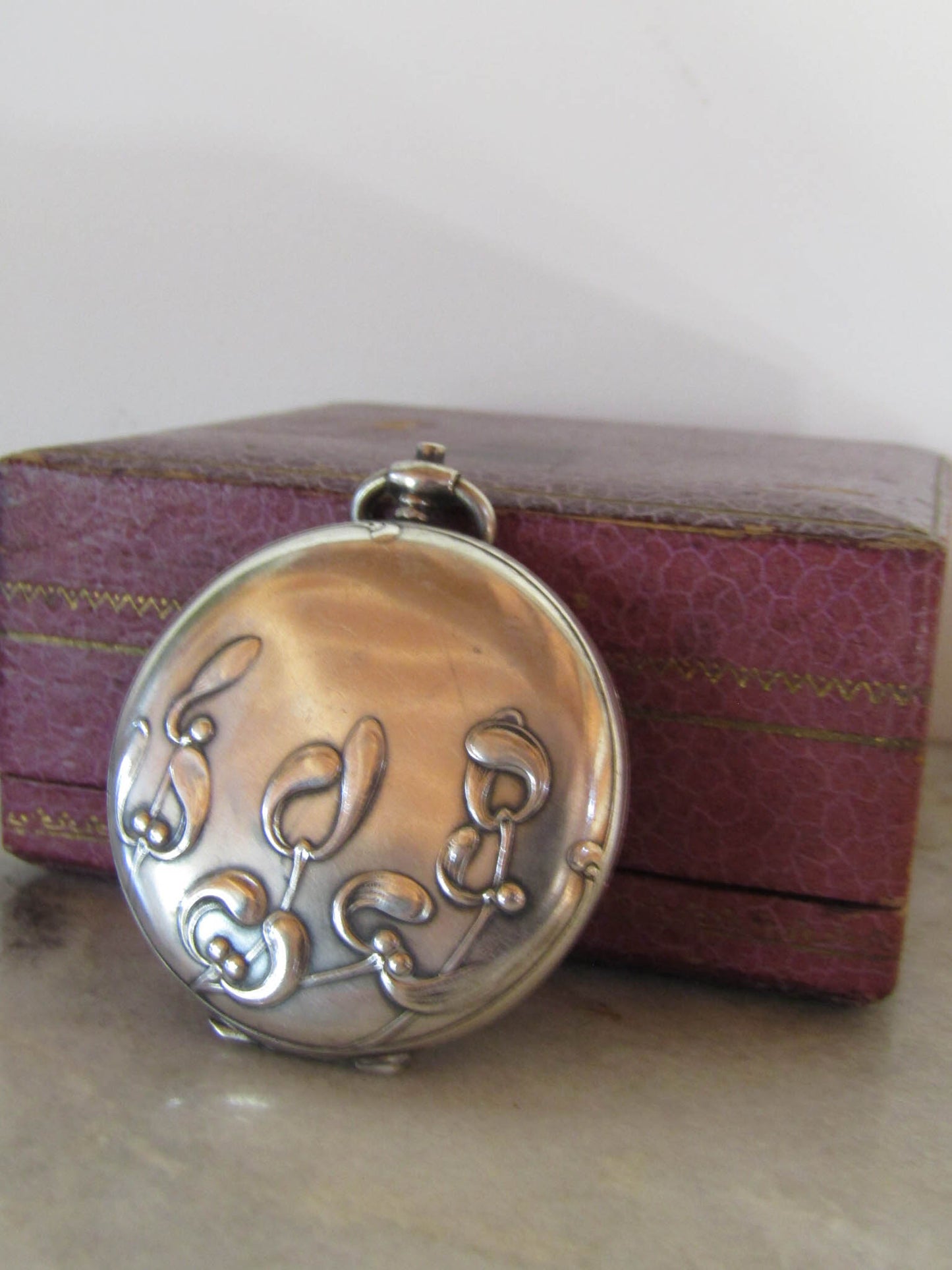 Antique Silver French Art Nouveau Mistletoe Locket c. 1900