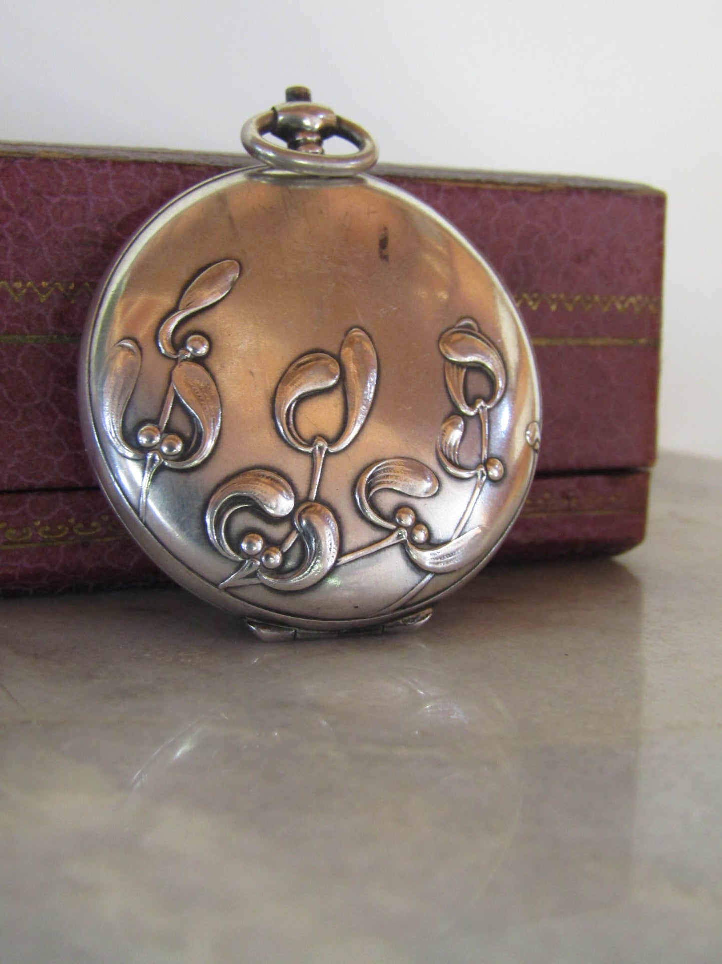 Antique Silver French Art Nouveau Mistletoe Locket c. 1900