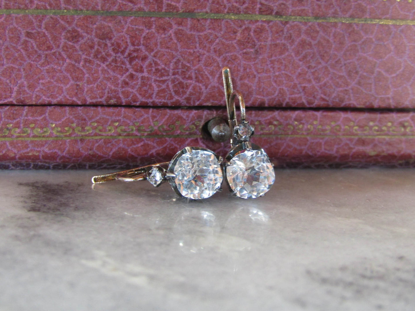 Antique 18K Gold, Silver, and Glass Paste Victorian Earrings, c. 1900
