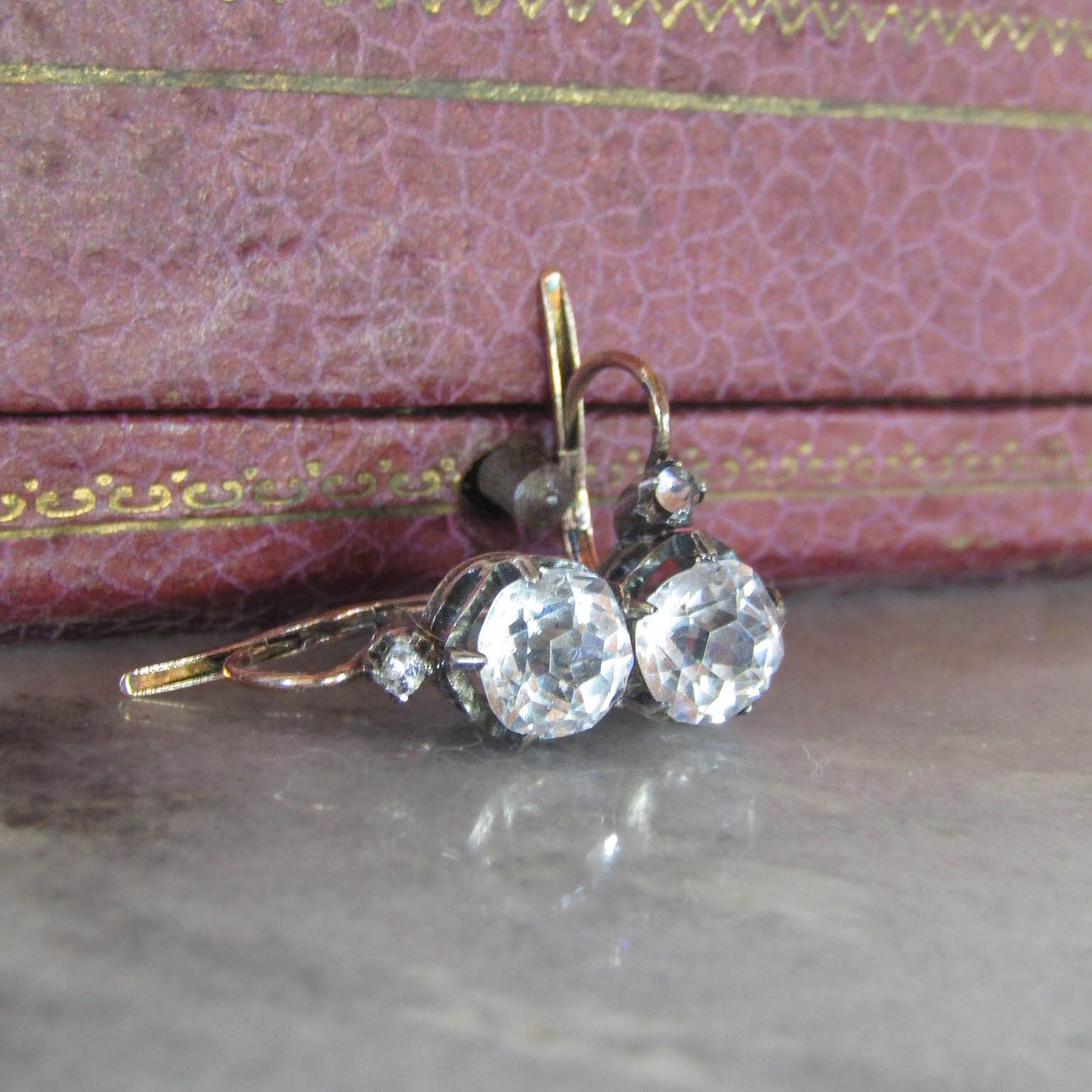 Antique 18K Gold, Silver, and Glass Paste Victorian Earrings, c. 1900