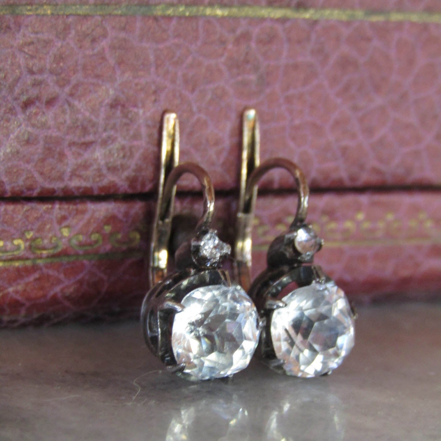 Antique 18K Gold, Silver, and Glass Paste Victorian Earrings, c. 1900