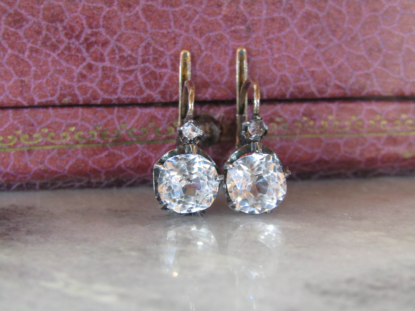 Antique 18K Gold, Silver, and Glass Paste Victorian Earrings, c. 1900