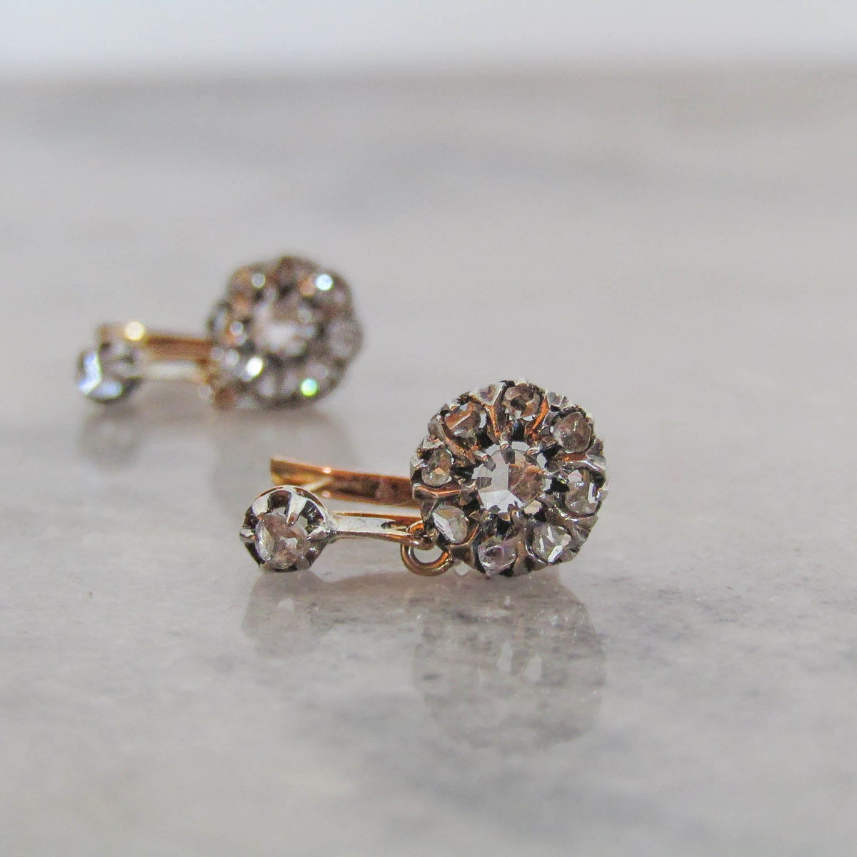 Antique Belle Epoque Diamond Daisy Drop Earrings, 18K Gold Silver c. 1900