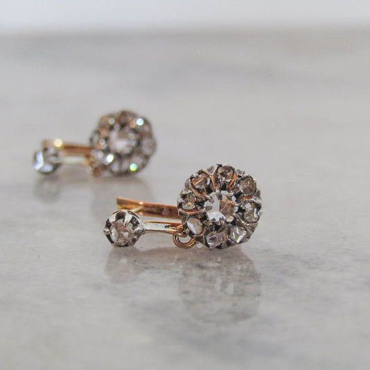 Antique Belle Epoque Diamond Daisy Drop Earrings, 18K Gold Silver c. 1900