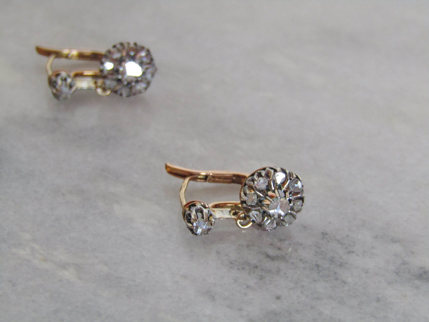 Antique Belle Epoque Diamond Daisy Drop Earrings, 18K Gold Silver c. 1900
