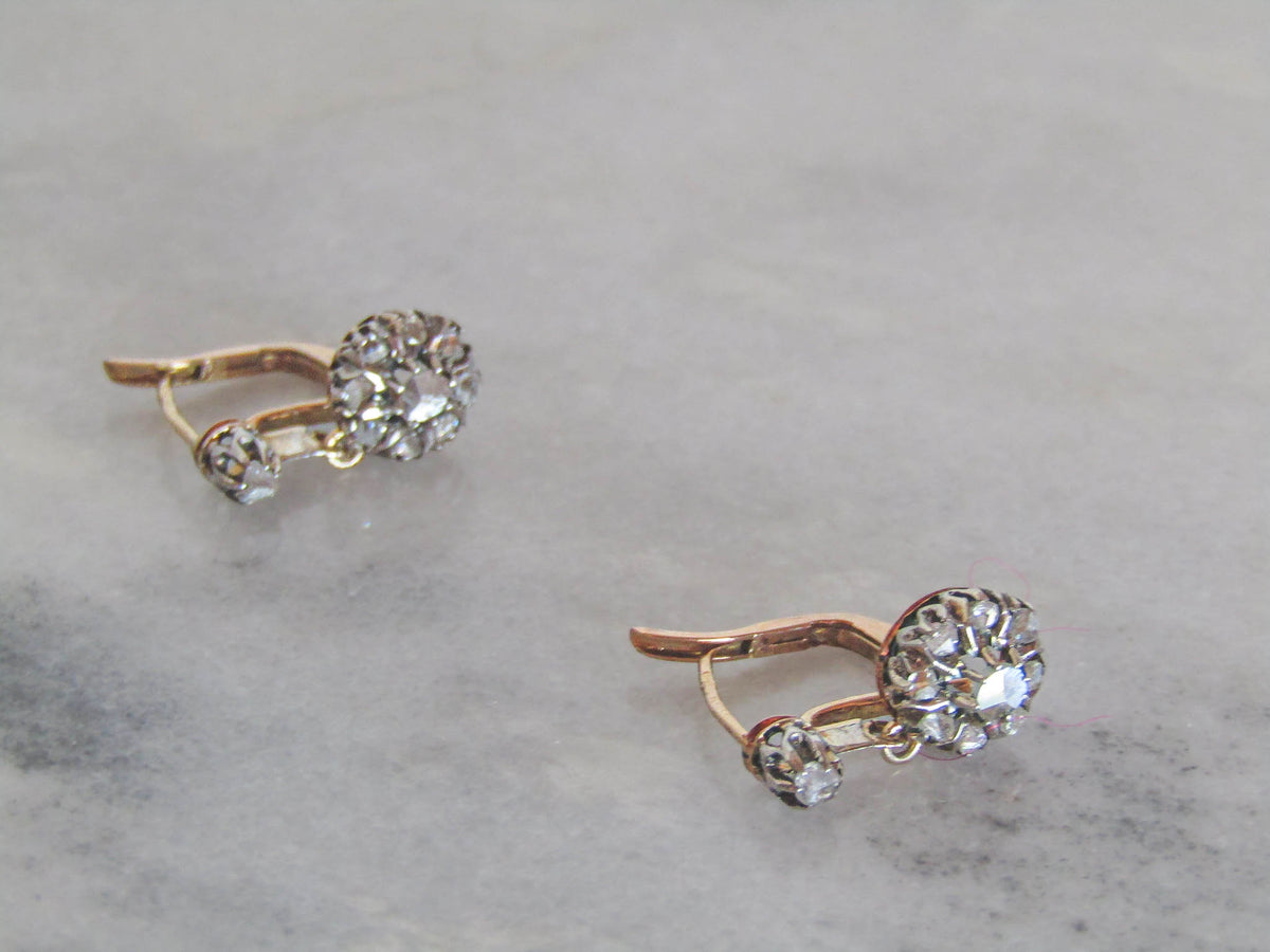 Antique Belle Epoque Diamond Daisy Drop Earrings, 18K Gold Silver c. 1900