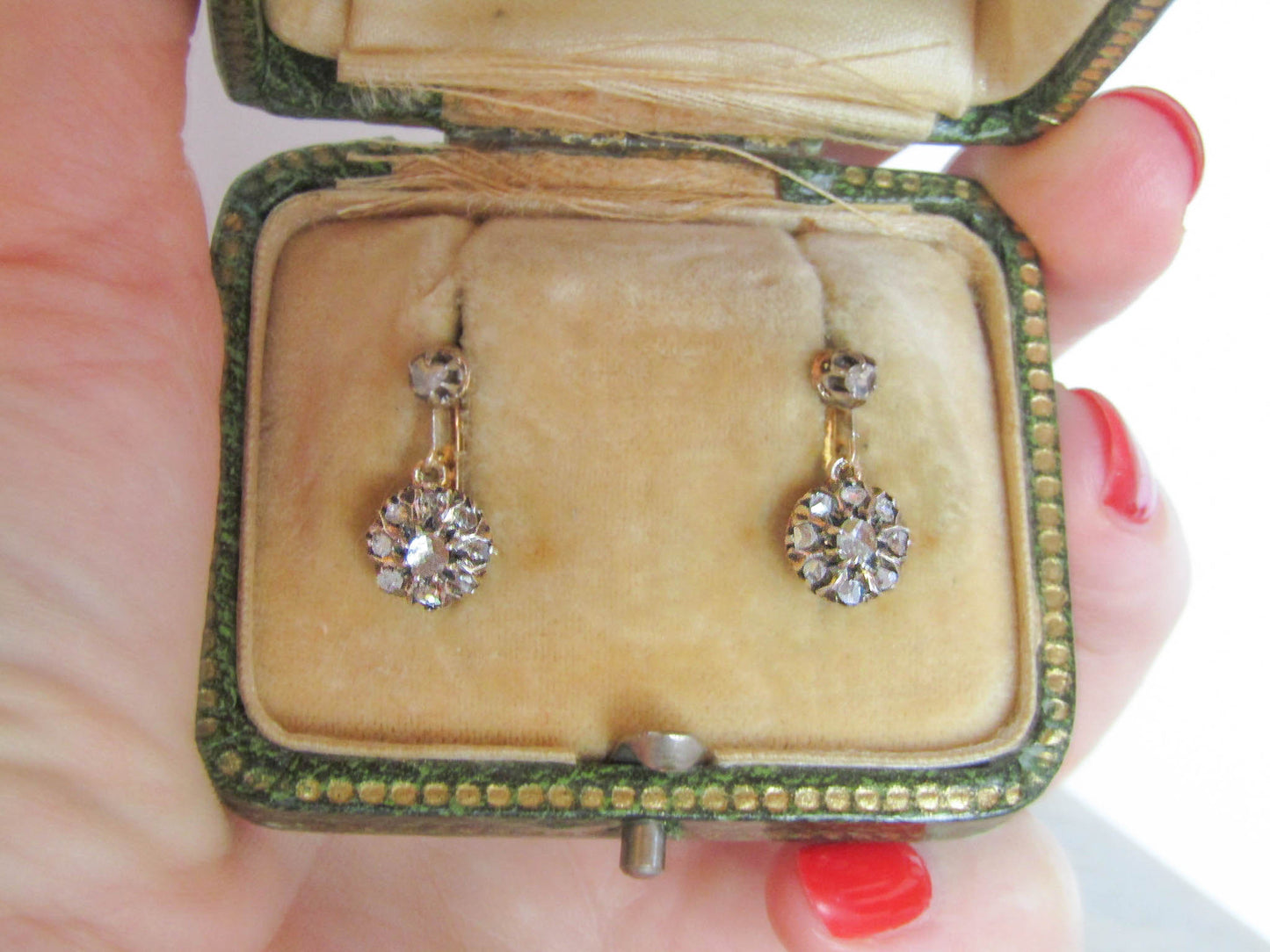 Antique Belle Epoque Diamond Daisy Drop Earrings, 18K Gold Silver c. 1900