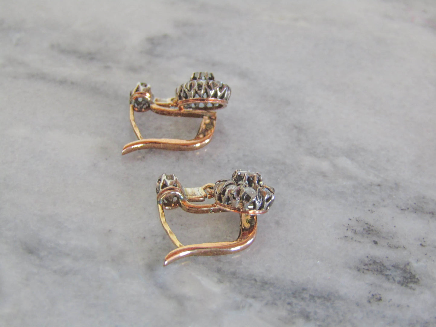 Antique Belle Epoque Diamond Daisy Drop Earrings, 18K Gold Silver c. 1900