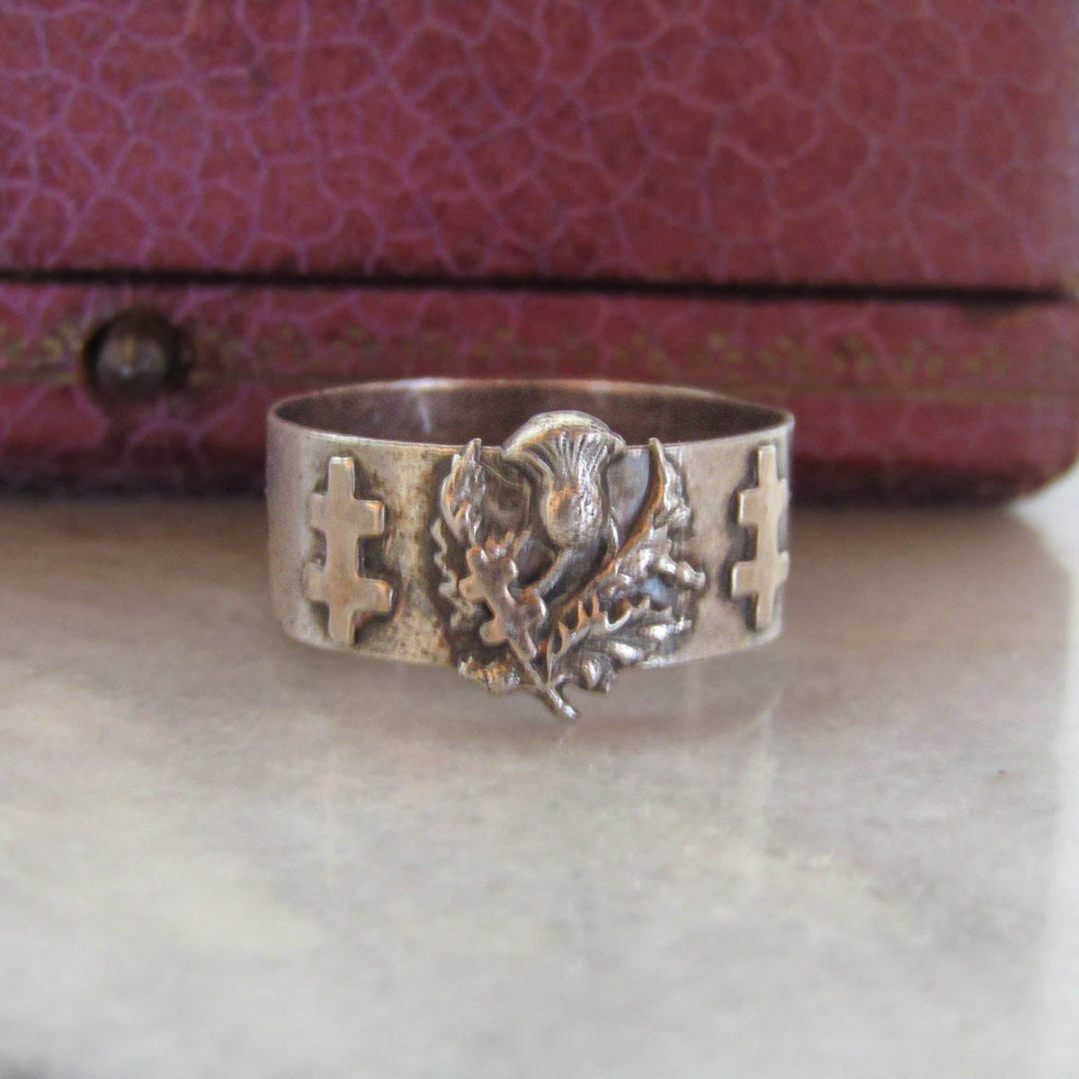 Antique French Lorraine Cross Silver Ring with Thistle