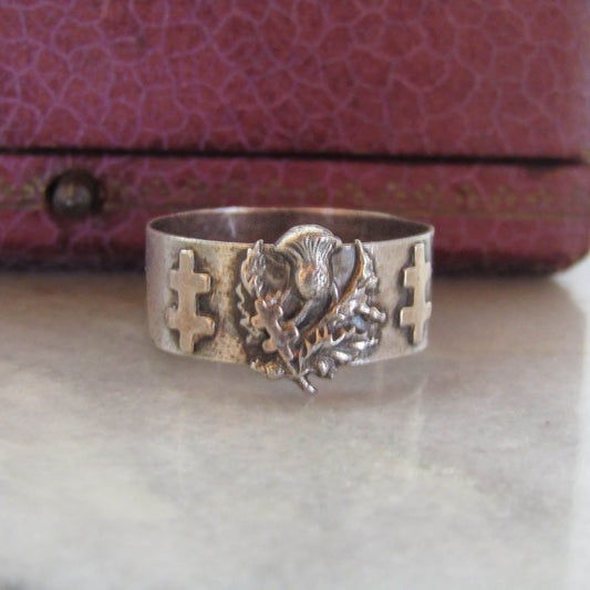 Antique French Lorraine Cross Silver Ring with Thistle