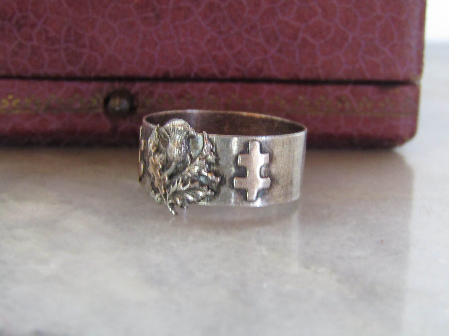 Antique French Lorraine Cross Silver Ring with Thistle