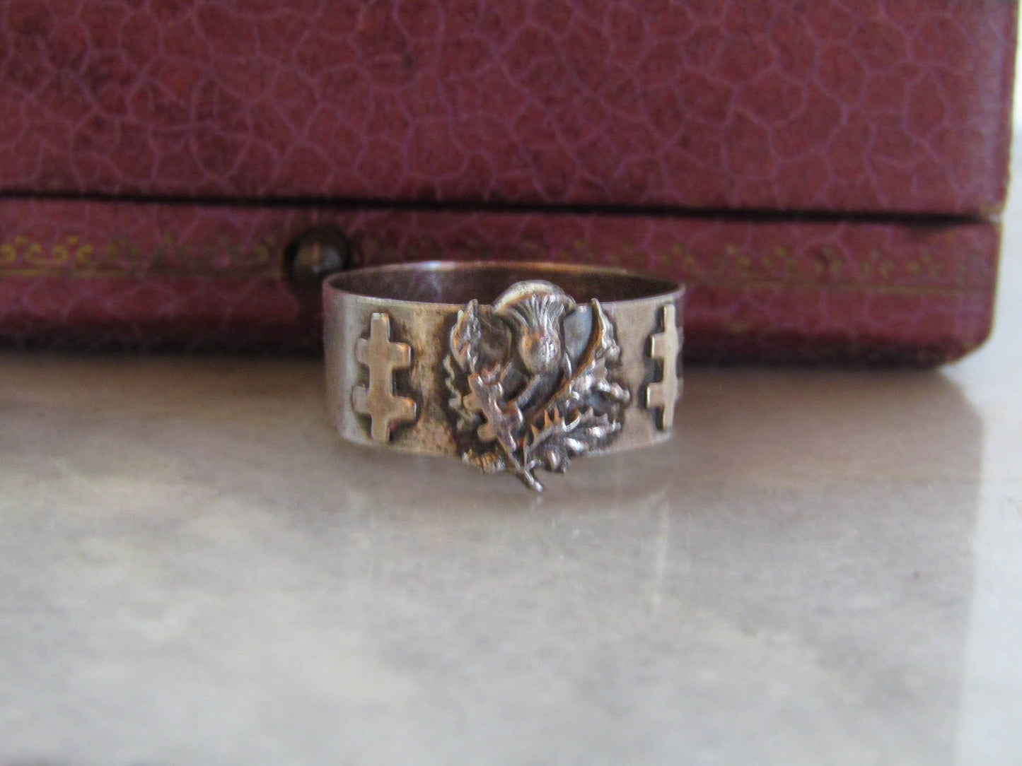 Antique French Lorraine Cross Silver Ring with Thistle