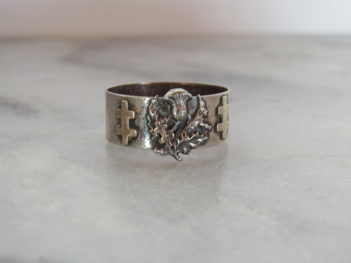 Antique French Lorraine Cross Silver Ring with Thistle