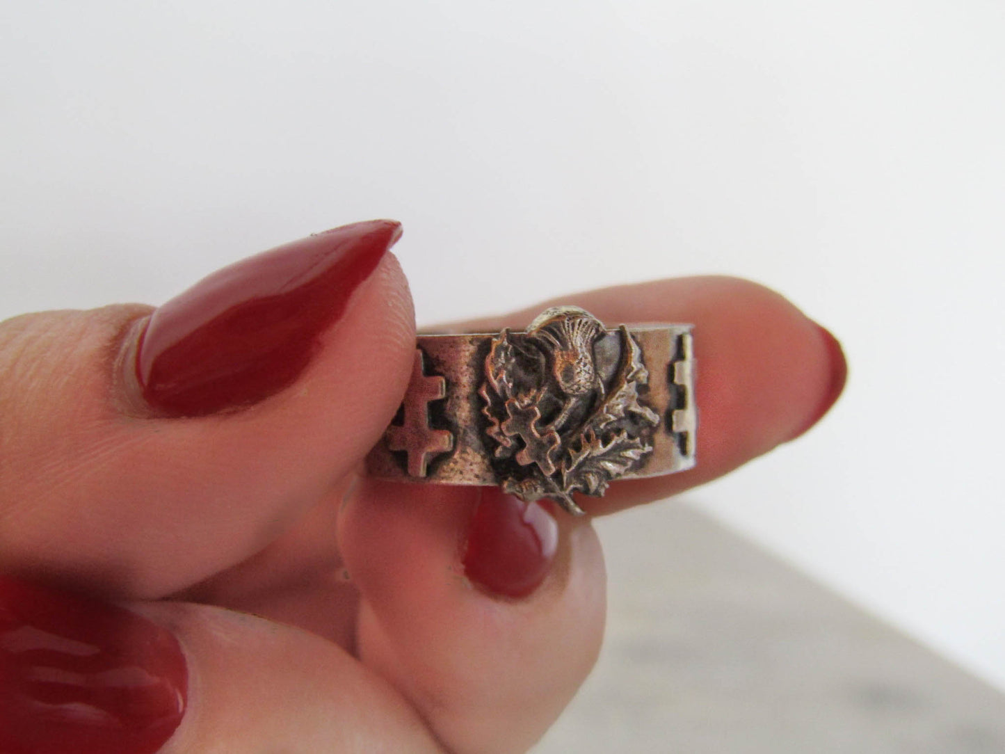 Antique French Lorraine Cross Silver Ring with Thistle
