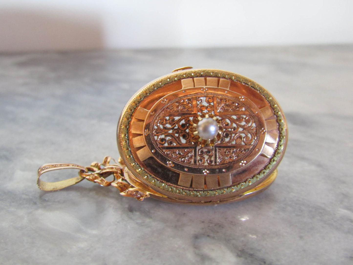 Antique French 18K Solid Rose Gold Vinaigrette Locket c. 1880