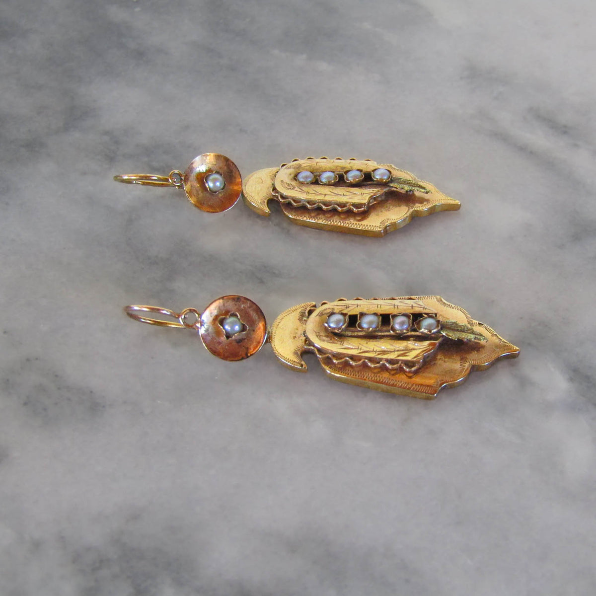 Vintage 19K Solid Gold Day and Night Sleeper Drop Earrings