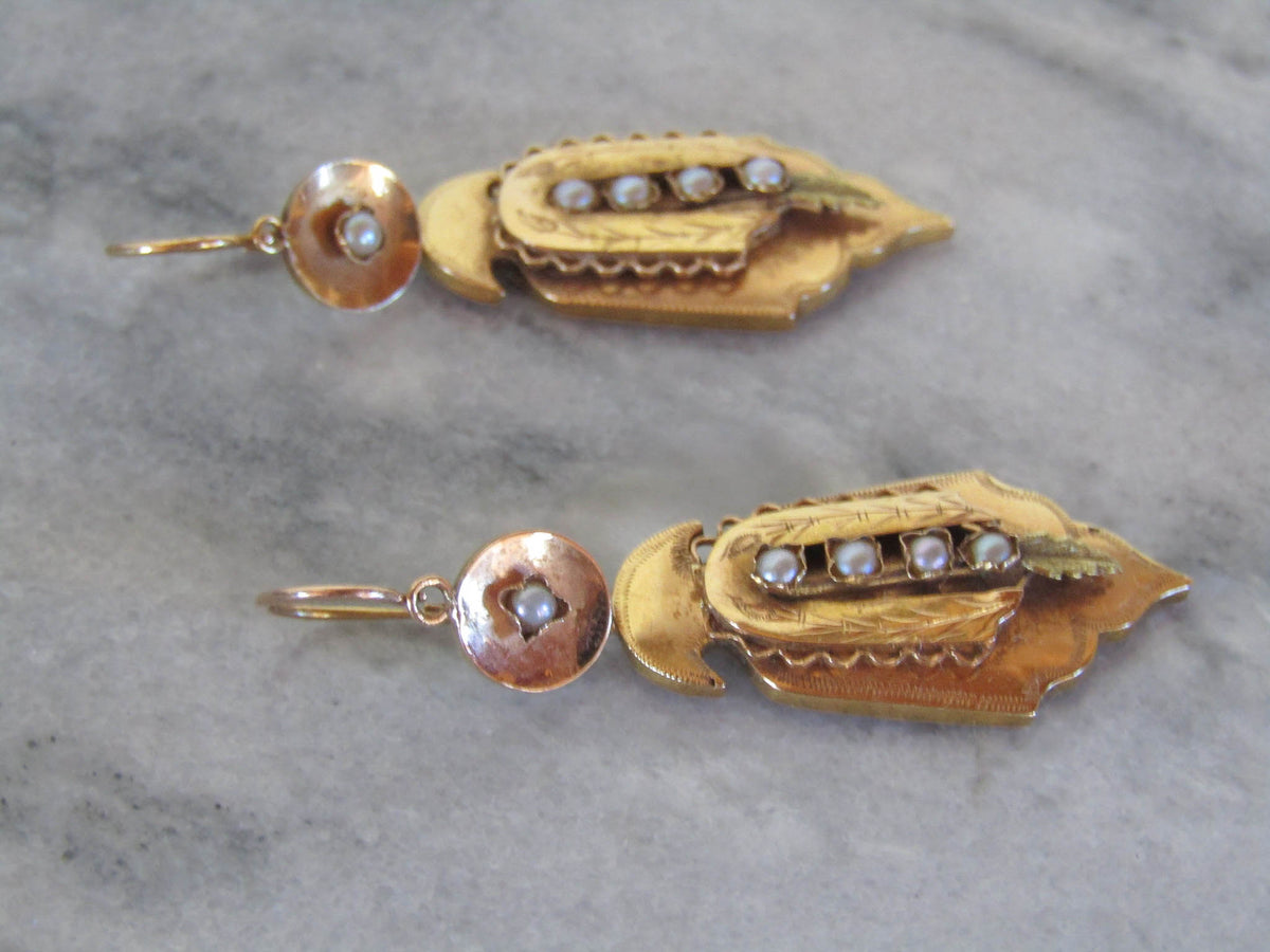 Vintage 19K Solid Gold Day and Night Sleeper Drop Earrings