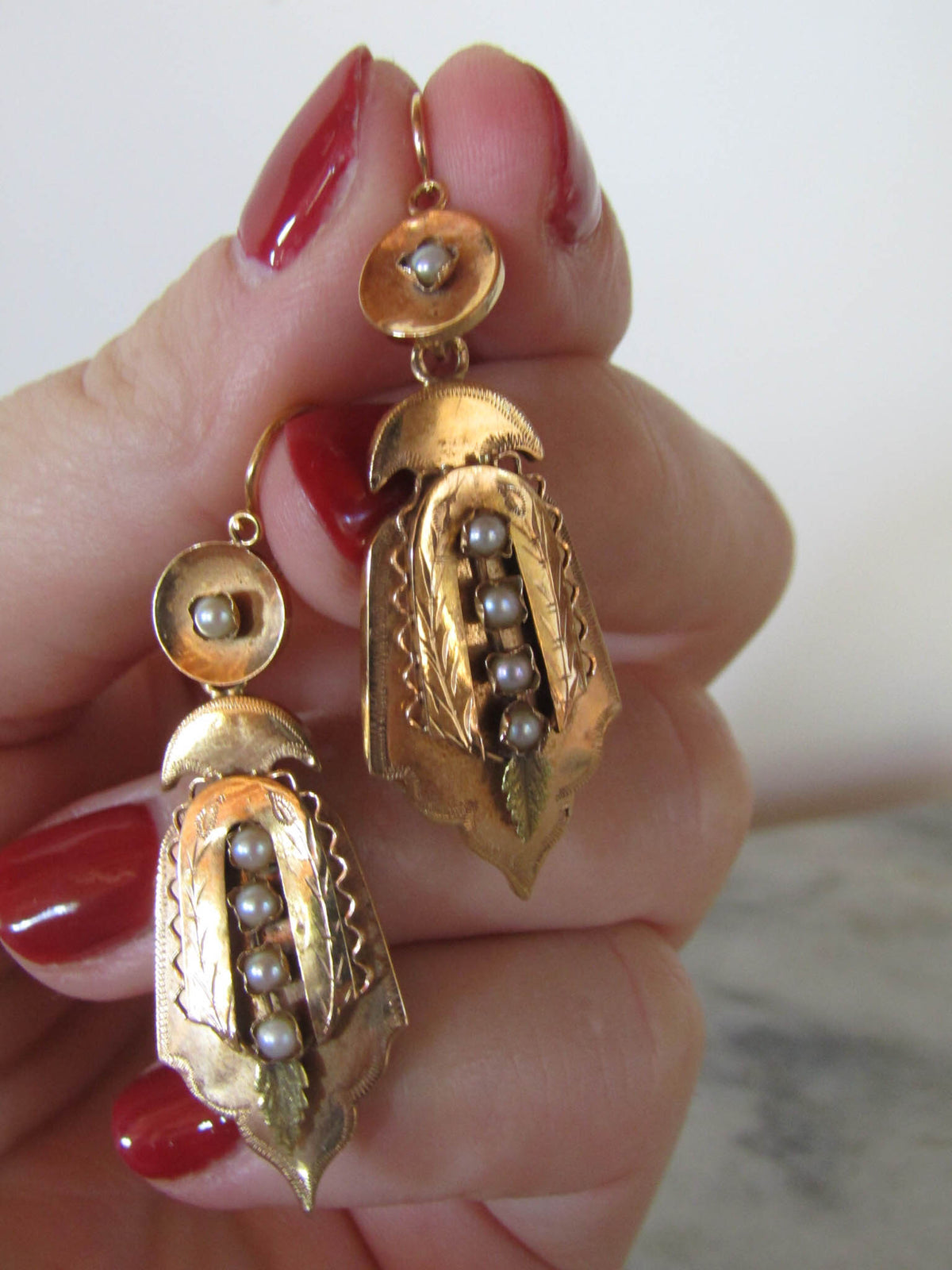 Vintage 19K Solid Gold Day and Night Sleeper Drop Earrings
