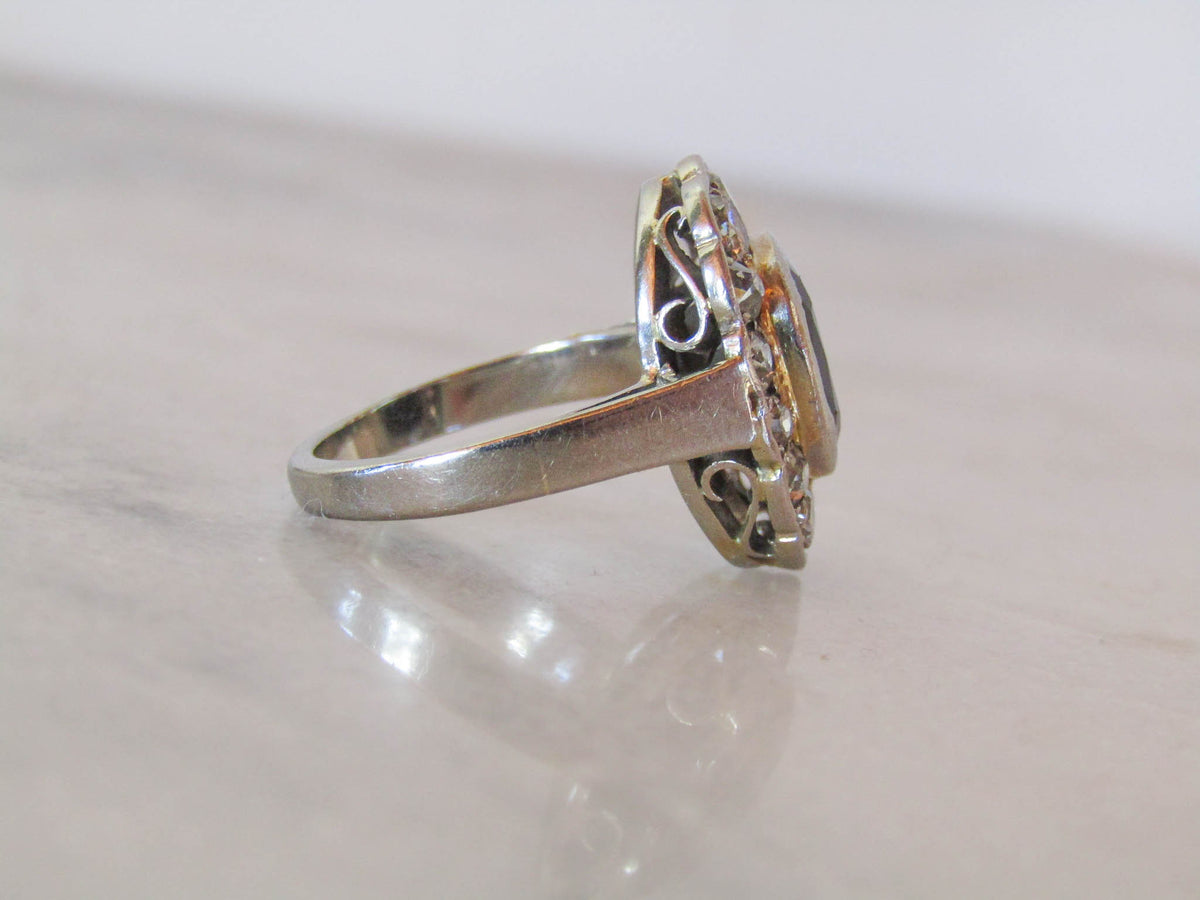 Antique Sapphire and Diamond Art Deco Pompadour Daisy Ring c. 1925