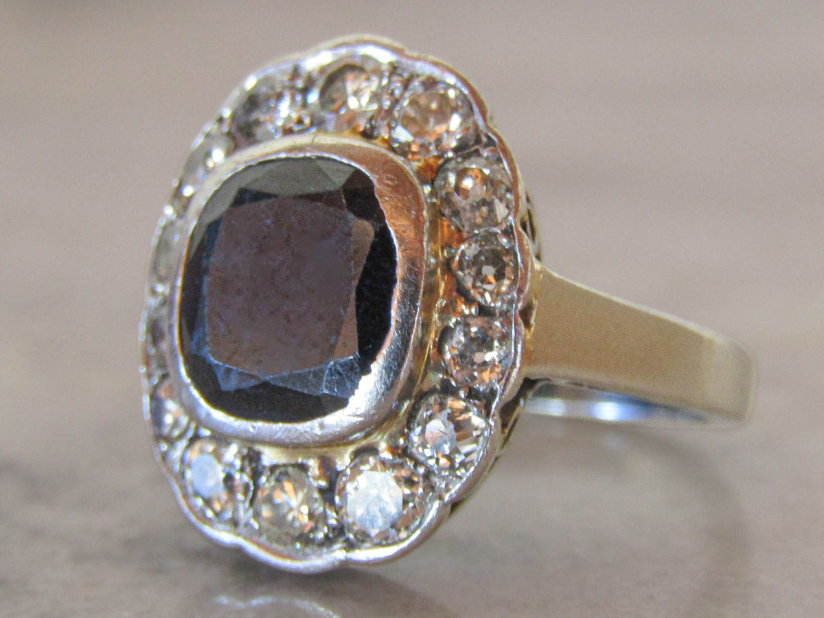 Antique Sapphire and Diamond Art Deco Pompadour Daisy Ring c. 1925