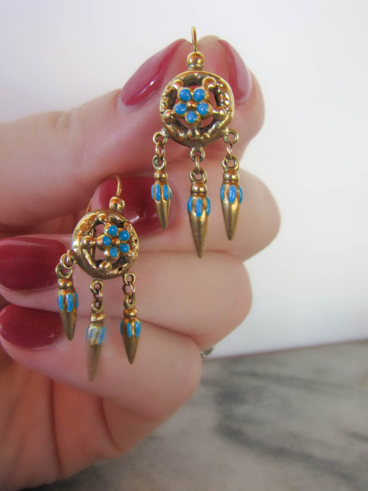 Antique Victorian Etruscan Revival Enamel Forget-Me-Not Earrings c. 1880