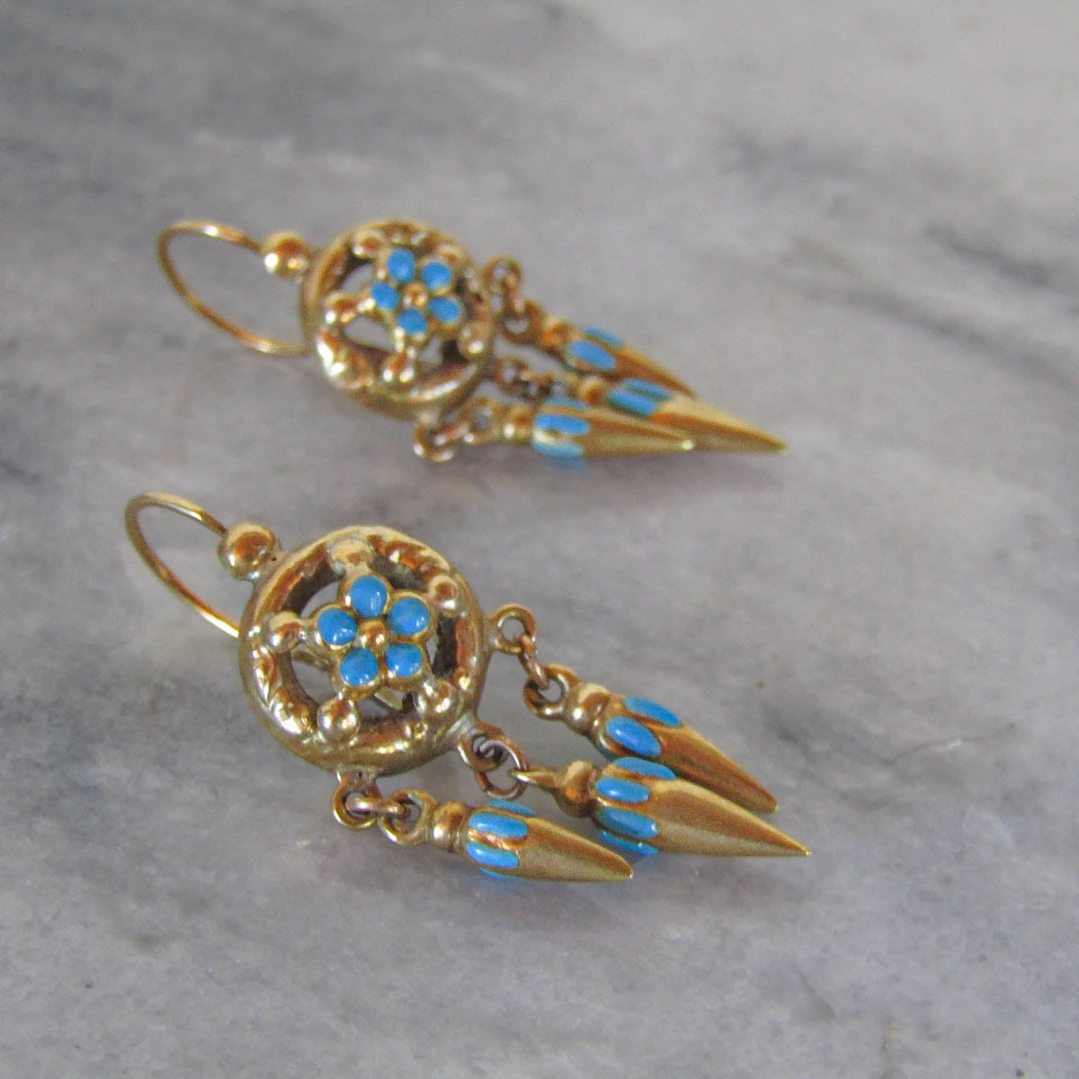 Antique Victorian Etruscan Revival Enamel Forget-Me-Not Earrings c. 1880