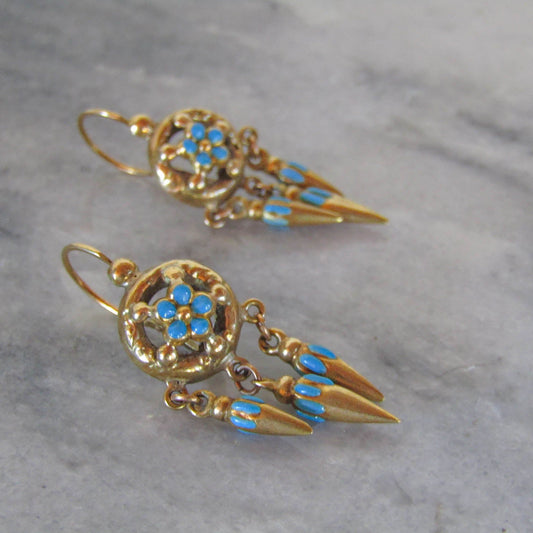 Antique Victorian Etruscan Revival Enamel Forget-Me-Not Earrings c. 1880
