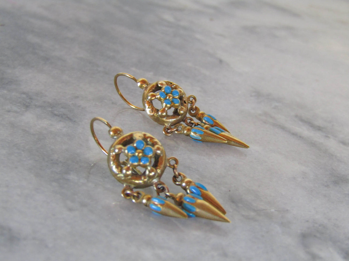 Antique Victorian Etruscan Revival Enamel Forget-Me-Not Earrings c. 1880