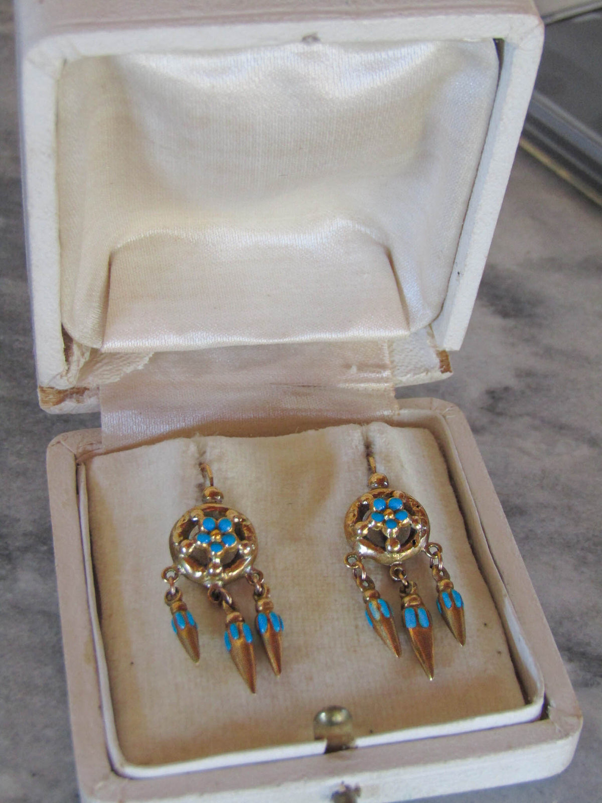 Antique Victorian Etruscan Revival Enamel Forget-Me-Not Earrings c. 1880