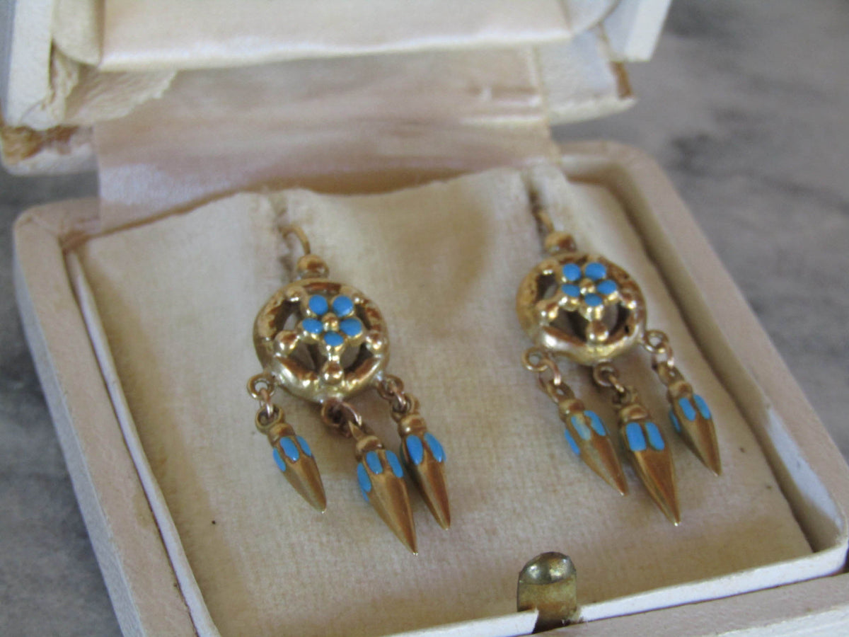 Antique Victorian Etruscan Revival Enamel Forget-Me-Not Earrings c. 1880